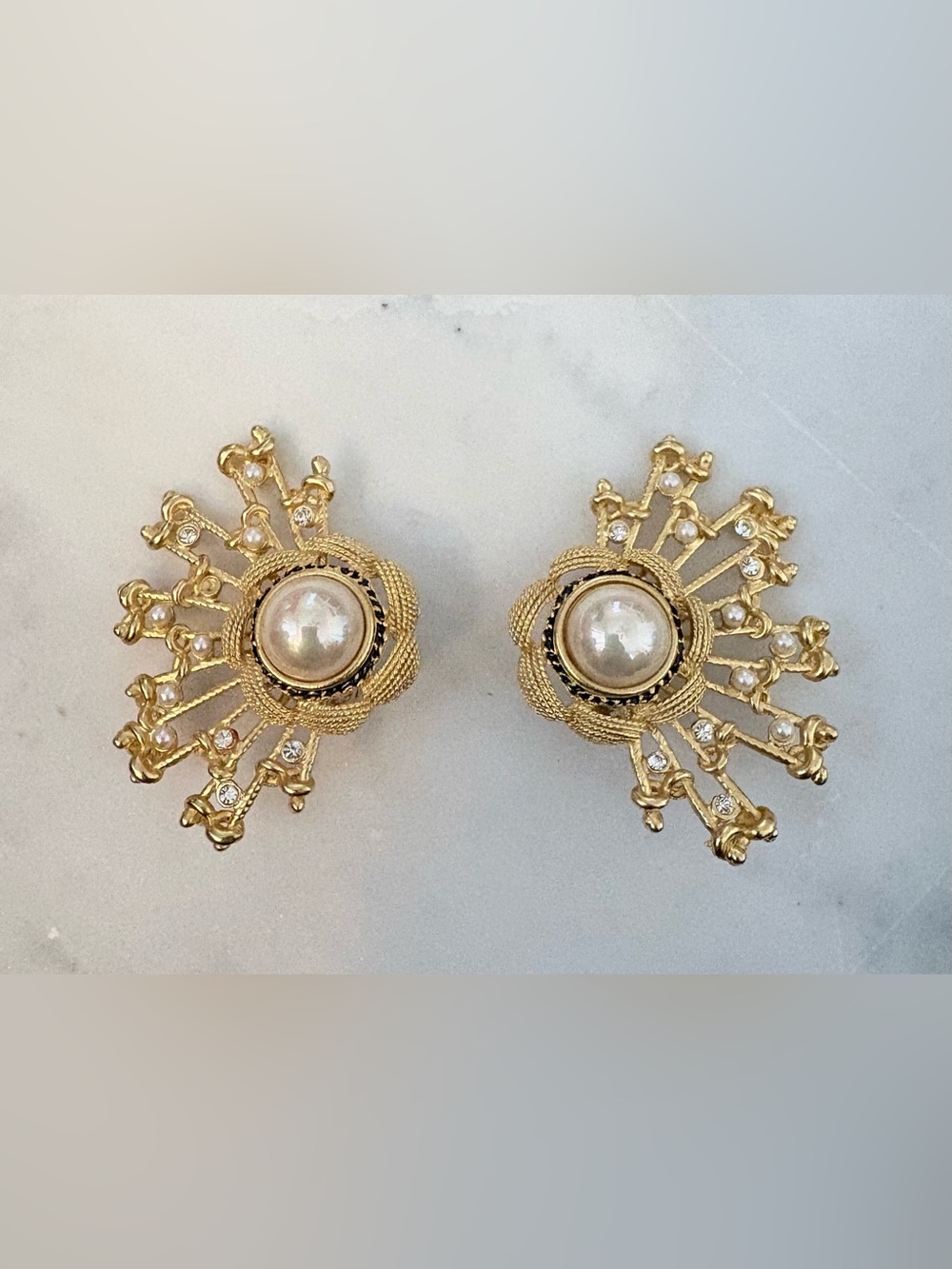 Vintage Signed CRAFT Gold Tone Faux Pearl Rhinestone Clip-On Earrings